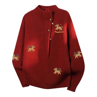 查尔斯桃心半高领印花毛衣男女冬季马年新款宽松休闲慵懒针织衫潮