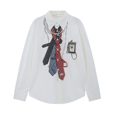 西町村屋长袖衬衣2026春新款休闲宽松时尚印花领带衬衫XABA10236