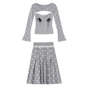 脊枝cidhiidhi2025AW原创漫画大眼睛提花浅灰波点坎肩上衣半裙