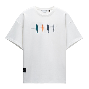 金利来g+潮牌鱼饵刺绣图案圆领短袖T恤男情侣户外