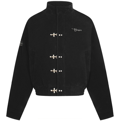 原创美式复古皮绒飞机扣羽绒服潮