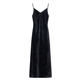 固执春季新款气质新中式丝绒烧花无袖吊带裙显瘦中长款连衣裙