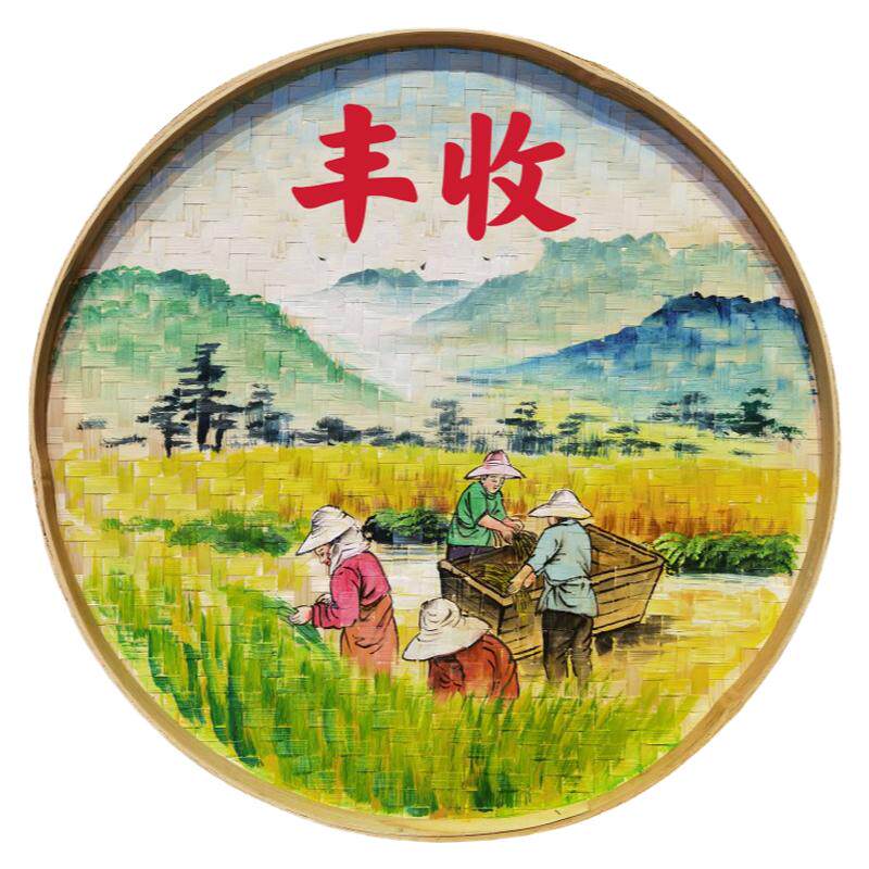 手绘簸箕画复古怀旧美丽乡村文化墙素材农家乐装饰品竹编田园壁画
