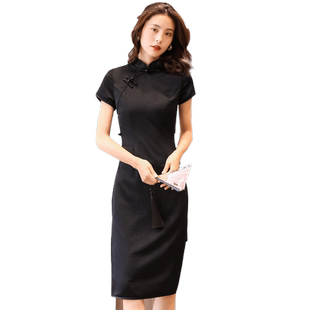 黑色国风旗袍改良版年轻款少女复古中国风中长款蚀骨军阀太太旗袍