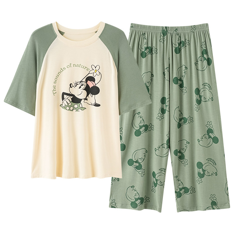 Disney/迪士尼套头短袖七分裤睡衣带胸垫凉感冰丝舒适家居服0069