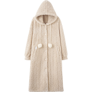 思莉太太冬季睡袍女珊瑚绒加厚加绒秋冬款毛绒连帽超长款外套睡衣