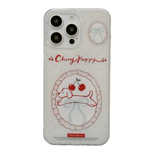 韩风卡通可爱樱桃腊肠狗带链条适用苹果15手机壳iPhone16ProMax新款15pro防摔13女小众12硅胶14pro全包双层壳