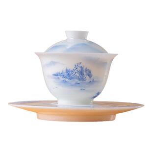 都州窑冰种定制手绘“一统江山”三才盖碗防烫手茶具高档泡茶碗