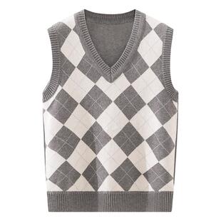 女童马甲男童毛衣针织加绒毛线大童学院风马夹儿童格子灰色毛背心