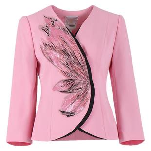 阿丹娜春秋新款粉色醋纤混纺外套钉珠绣花修身时尚女装官方正品