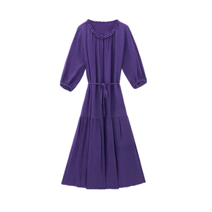 枫竺普罗旺斯黄昏 紫色莱赛尔花边a字连衣裙女2025夏季新款中长款