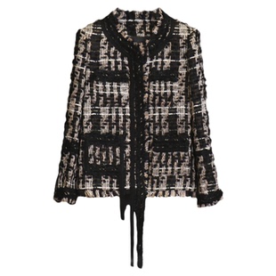 TOP-【罗马风情】小香风黑白格流苏上衣女外套1098