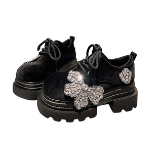 甜酷风金丝绒蝴蝶水钻系带JK小皮鞋乐福鞋厚底松糕复古单鞋女鞋潮