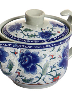 虎匠景德镇牡丹青花瓷盖碗小茶壶