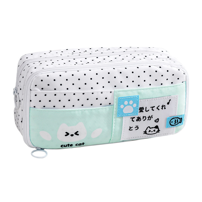 波点小猫笔袋薄荷绿ins风文具盒女生日系简约高颜值初中生可爱音乐小猫大容量小众设计不撞款学生铅笔盒新款