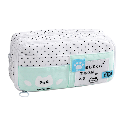 波点小猫笔袋薄荷绿ins风文具盒女生日系简约高颜值初中生可爱音乐小猫大容量小众设计不撞款学生铅笔盒新款