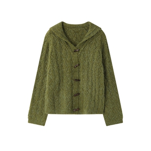 时然大码绿色毛衣微胖mm连帽针织衫春季女装新品麻花纹开衫宽松