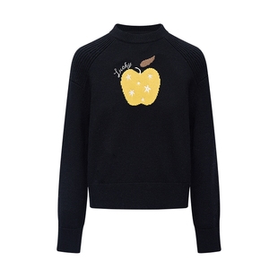 LILY2026春新款羊毛混纺刺绣撞色上衣黑色针织衫套头毛衣外套女