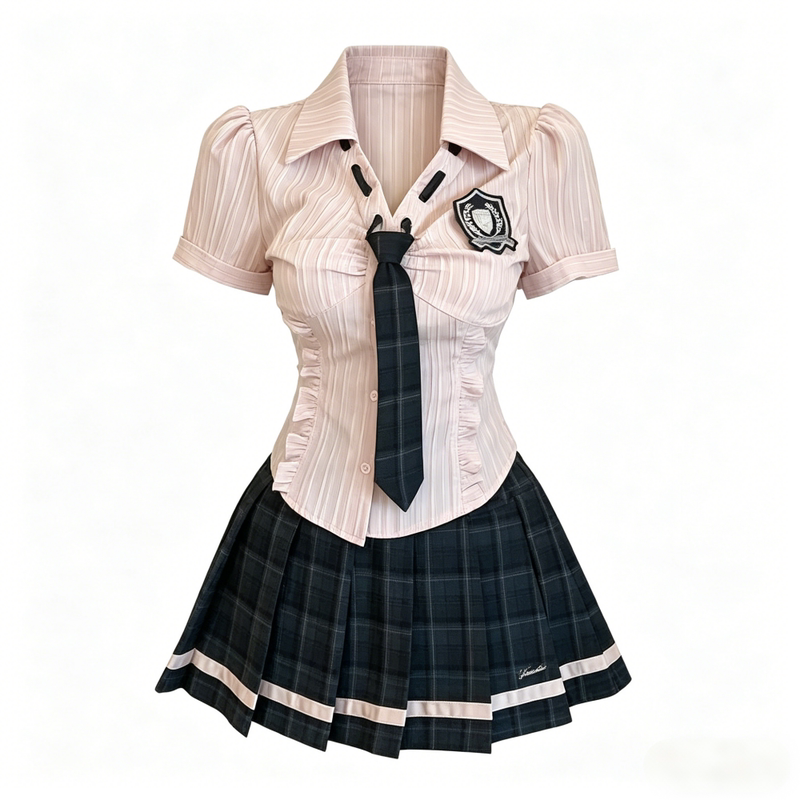 学院风格子短袖百褶裙制服套装