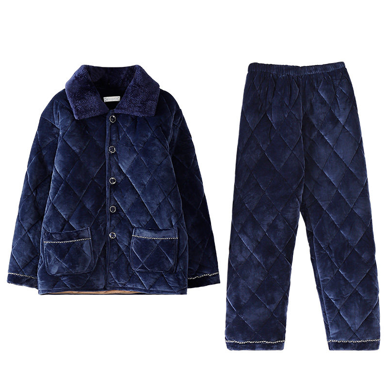 冬季男士睡衣加厚加绒保暖珊瑚绒夹棉中老年爸爸家居服套装秋冬款