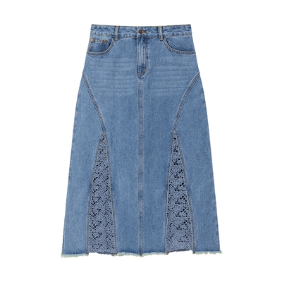 Desigual明星同款高腰显瘦牛仔半身裙夏季裙子女春季A字镂空拼接