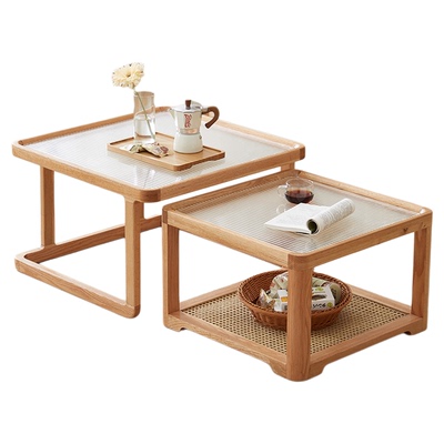 全友家居原木风实木茶几客厅家用小户型沙发旁玻璃边几茶桌组合