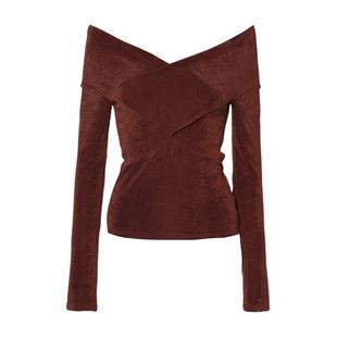 DPLAY棕色t恤春季新款女修身气质独特一字领露肩弹力长袖上衣