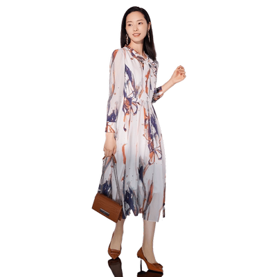 BBLLUUEE粉蓝衣橱东方风韵抽象印花连衣裙女2025秋新款飘带衬衫裙