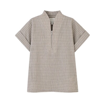 COMMON VALUE「子衿」春季新中式禅意领t体恤 半拉链格子卷袖上衣