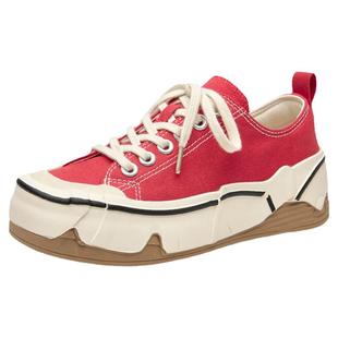 BeauToday厚底帆布鞋女款秋冬红色休闲鞋女增高运动鞋复古板鞋女