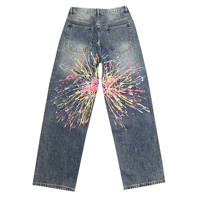 美式休闲复古水洗蓝色泼墨涂鸦牛仔裤男宽松大版型阔腿加长直筒裤