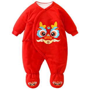 包脚满月宝宝衣服冬加厚百天外出棉服红色过年拜年服婴儿喜庆年服