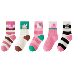 儿童袜子女童春秋款多巴胺条纹棉袜爱心袜韩版女孩彩色春秋中筒袜