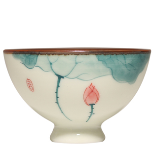 手绘荷花茶杯 陶瓷喝茶品茗杯主人杯单杯功夫茶具小茶杯釉下彩