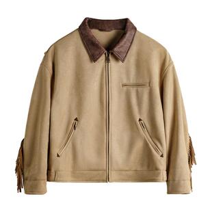 马登巴恩风卡其撞色翻领绒面麂皮流苏底特律工装夹克外套女士春冬