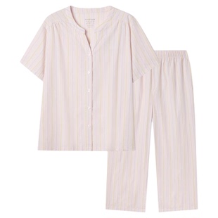 SCHIESSER舒雅26春夏新品女士纯棉梭织条纹开衫大码睡衣家居套装