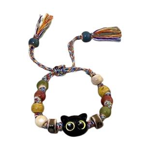 骷髅猫咪陶瓷编织绳手链女小众设计感甜酷中国风流苏彩色手串手饰