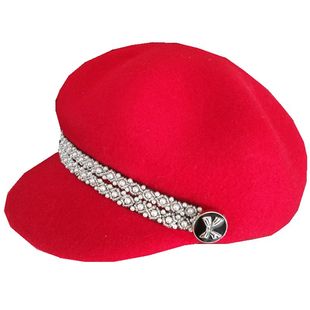 秋冬季新款帽子女红色羊毛鸭舌帽英伦复古羊毛呢八角帽圆脸显瘦帽