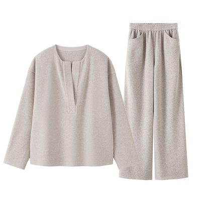 宽松落肩V领卫衣长裤套装