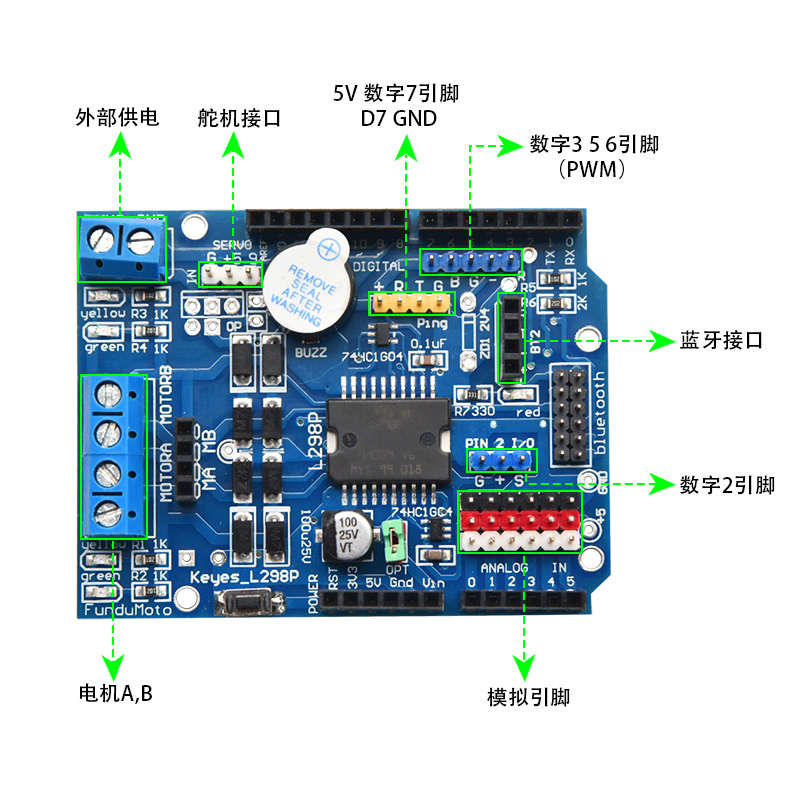 L298P直流电驱动器适用于Arduino电机驱动板 L298P 电机驱动板