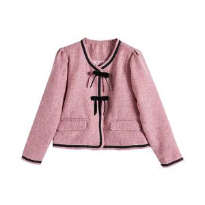 莉之绮树莓粉泡泡袖上衣女春装新款甜美蝴蝶结显瘦小香外套220580