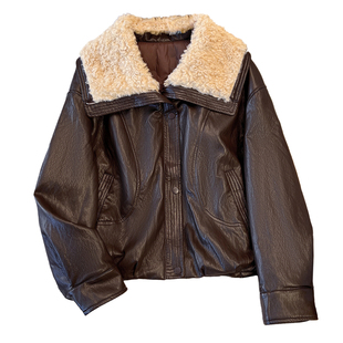 巨好看的羊羔毛翻领拼接pu皮衣厚外套女2025冬装新款羽绒内胆夹克