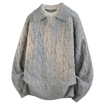 IDLE IDOL黑色翻领麻花毛衣简约男休闲慵懒风松弛风长袖针织衫