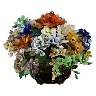 中景泰非遗海外回流原玉器厂老货北京景泰蓝花盆七彩玉石盆景摆件