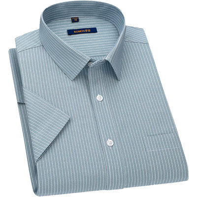 罗蒙半袖薄款绿条纹短袖衬衫男