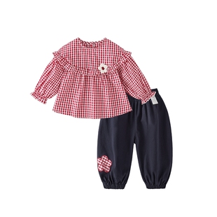 [2026春季新品]女童套装红色法式格纹春装花边甜美宝宝两件套女孩