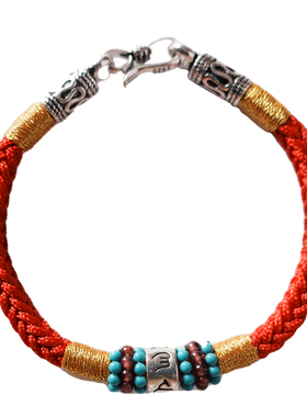 九乘迦叶S925做旧银扣六字箴言本命年红绳手链女编绳男款平安手绳