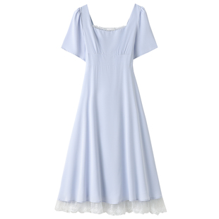 胖莹莹大码女装300斤夏季清新蓝色温柔浅色系收腰刺绣蕾丝连衣裙
