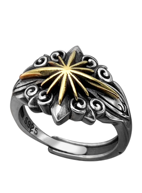 太阳花戒指纯银星芒卷草纹复古