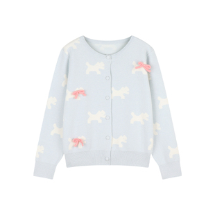 Amybaby女童上衣冬季2025新款甜美蝴蝶结印花提花小狗毛衣开衫